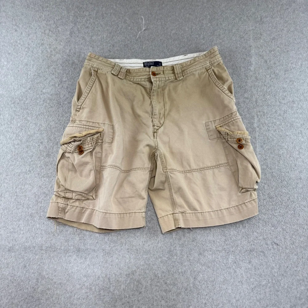 Polo Ralph Lauren Cargo Shorts Mens 36 Khaki Tan Distressed Cotton Utility Y2K